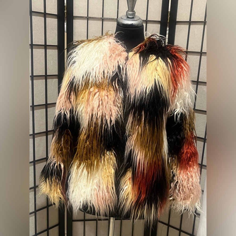 MINKPINK MULTICOLORED MOBWIFE SHAGGY FAUX FUR SHORT BOXY JACKET, Y2K, SIZE XS